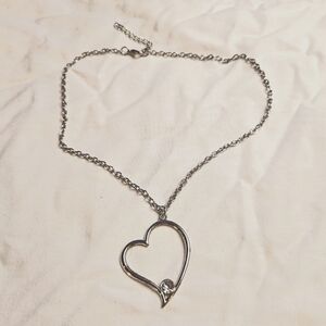 Elegant Asymmetrical Silver Toned Heart Necklace With Clear Rhinestone 16 Inches